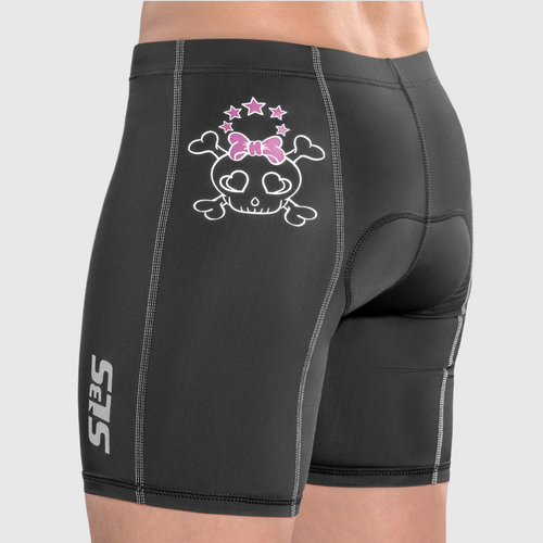 A person wearing a black triathlon shorts with a skull print on it