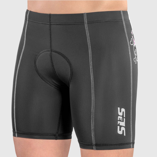 A person wearing a black triathlon shorts with a SLS3 logo on it