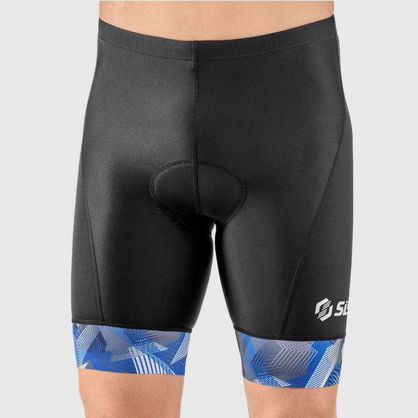 A person wearing black triathlon shorts with blue and white geometric print