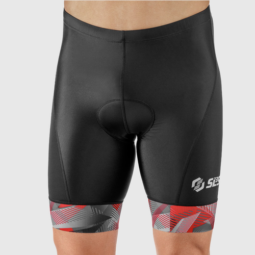 Close-up of a black triathlon shorts with red and black geometric pattern