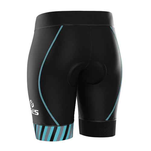 Back view of a women's black triathlon shorts with blue striped pattern