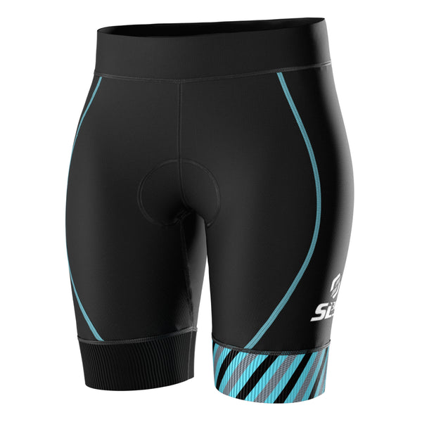 A women's black triathlon shorts with blue accent lines and a patterned hem