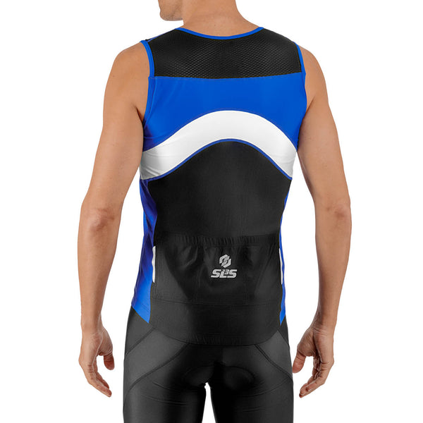 Back view of a man wearing a blue, white, and black sleeveless tri top