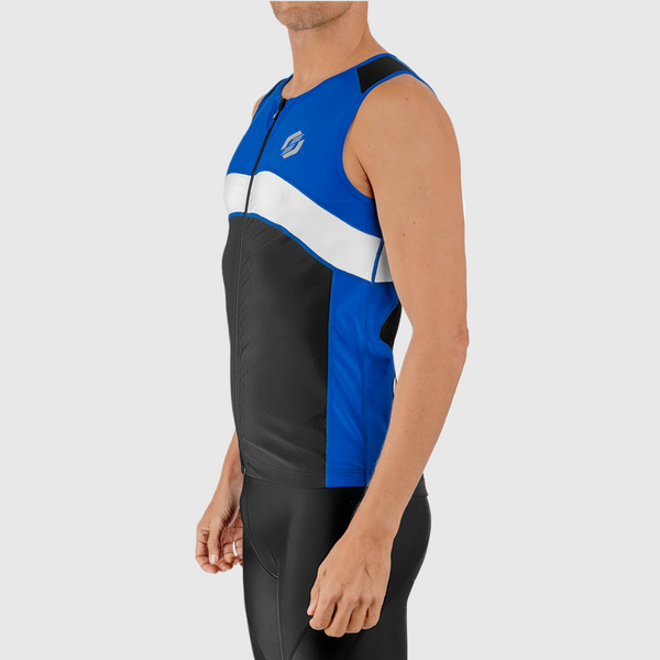 Side view of a man wearing a blue, white, and black sleeveless tri top