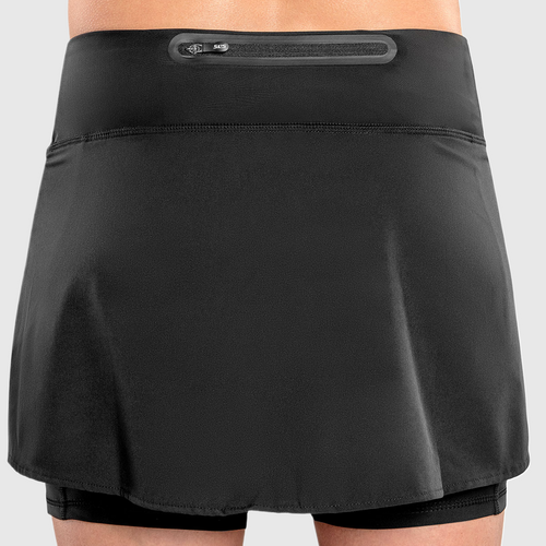 A back view of a person wearing a solid black running skirt