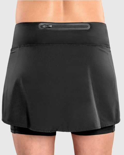 A back view of a person wearing a solid black running skirt