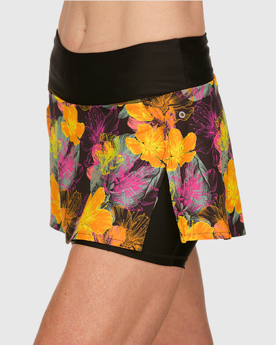A side view of a person wearing a floral print running skirt
