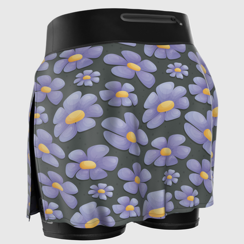 A close-up back view of a running skirt with flower prints