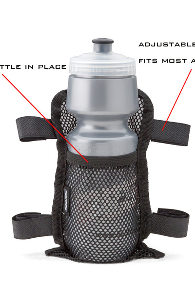 A water bottle secured with adjustable straps to a black mesh holder