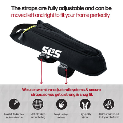 A black top tube bag with highlighted product features