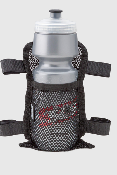 A water bottle in a black mesh holder with straps