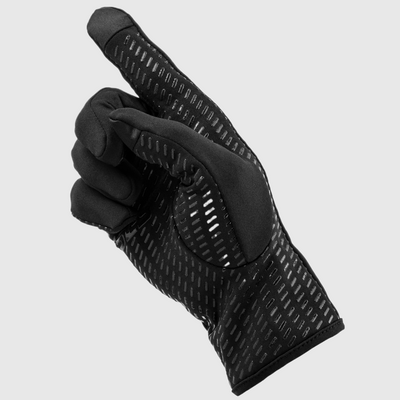 A hand wearing a black running glove