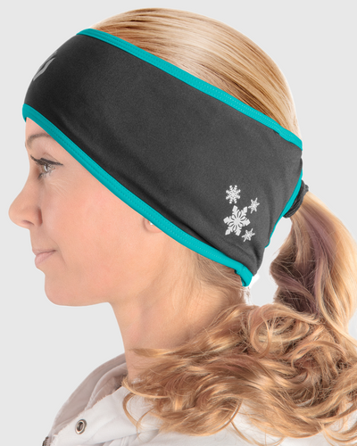 A side view of a woman wearing a black and blue ponytail headband