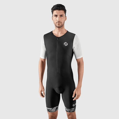 A man wearing a black and white triathlon suit