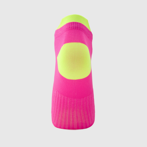 A pink and yellow running sock