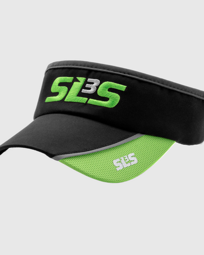 A black and green running visor with SLS3 logo