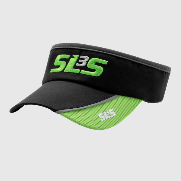 A black and green running visor with SLS3 logo