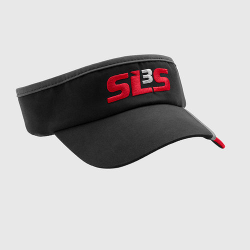 A black SLS3 running visor with red lettering