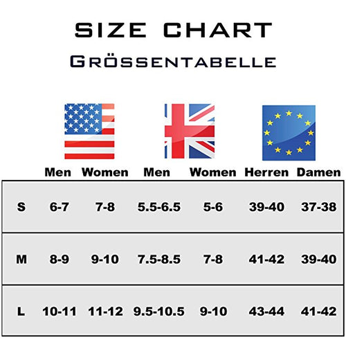 A size chart with different country flags