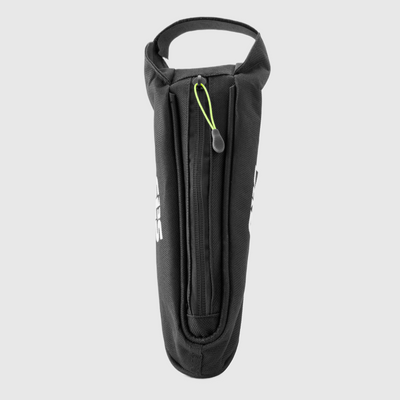 A black cylindrical top tube bag with a neon green zipper pull