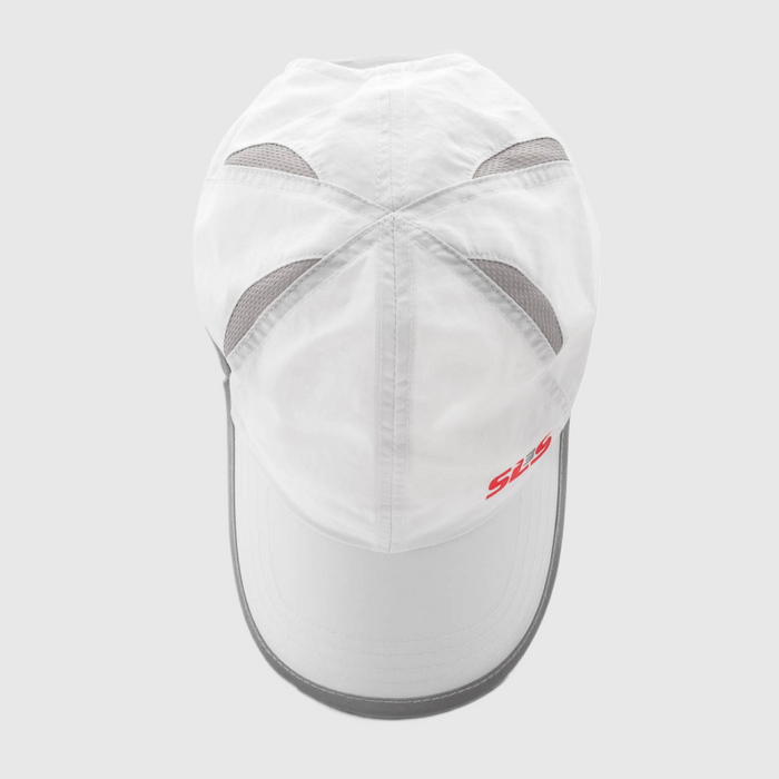 Top view of a white running cap with mesh panels