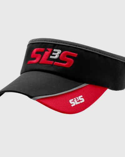 A black and red running visor with SLS3 logo