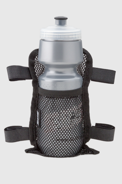 A gray sports water bottle in a black mesh holder with straps