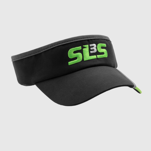 A black SLS3 running visor with green lettering