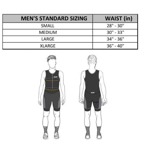 A size chart for men's standard sizing with waist measurements