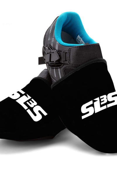 A pair of black cycling toe covers with white 'SLS3' logo on it