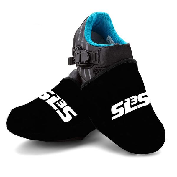 A pair of black cycling toe covers with white 'SLS3' logo on it